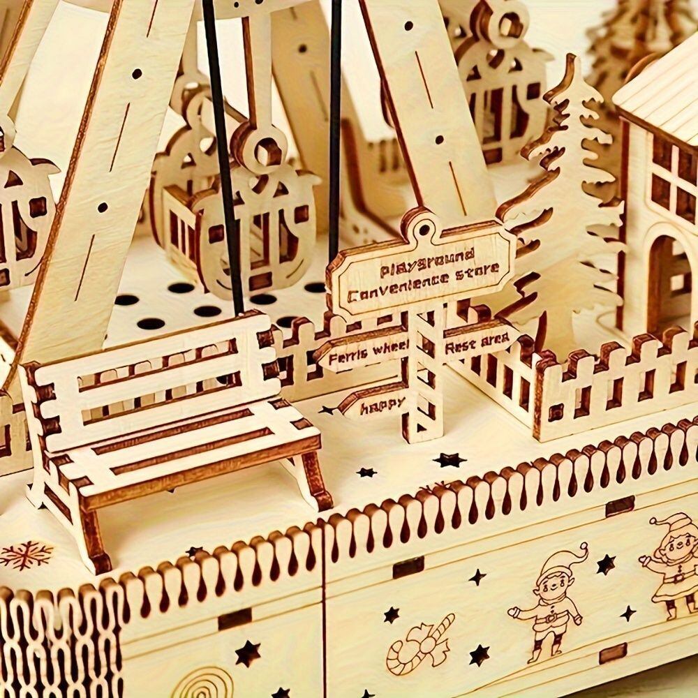 木製オルゴール 立体 パズル 観覧車型 3D ウッドパズル 組み立て