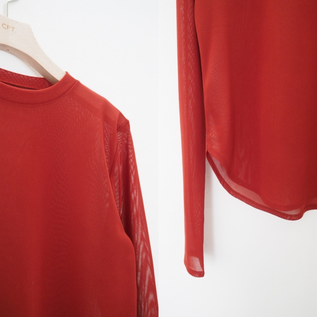 tulle sheer crew neck tops/red