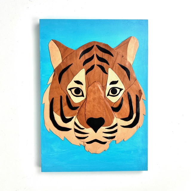 Leather collage art (TIGER) Tiger A4 size wooden panel original picture