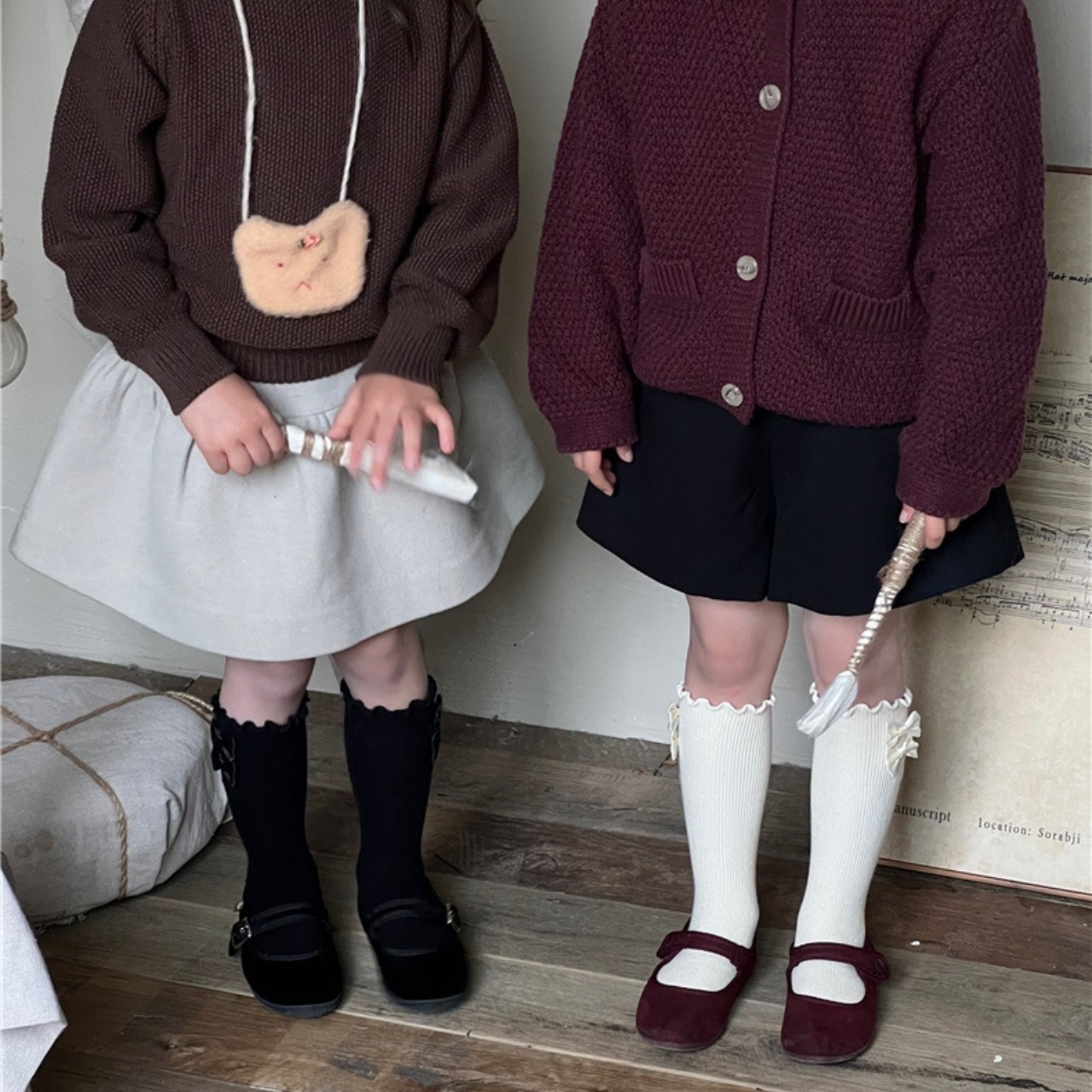 秋フリル蝶結びリプハイソックス