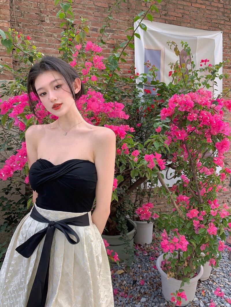 スカート リボンハイウェスト薄手サマーAライン 夏物 ブラックストロベリース69501225672