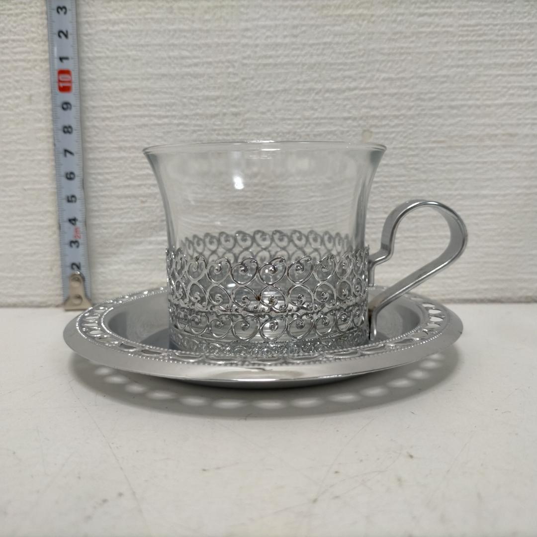 ガラス カップ＆ソーサー 5客セット シルバー装飾 耐熱 260115-6T