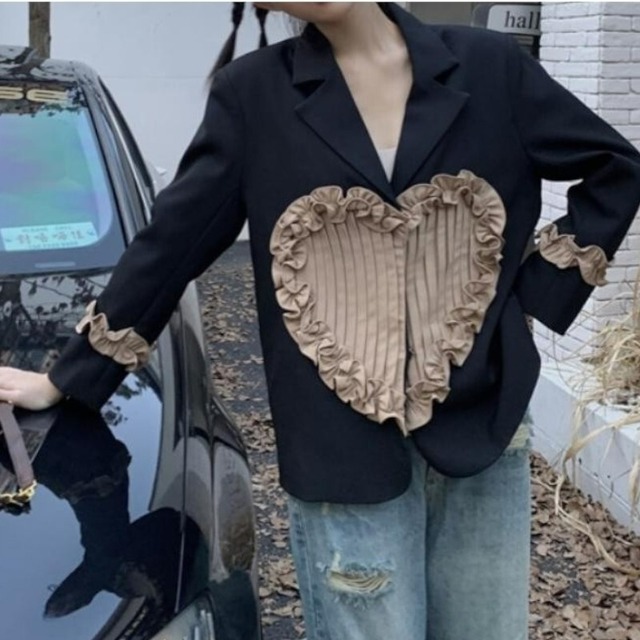 retro girly ruffle stitching pleated heart suit jacket 0795