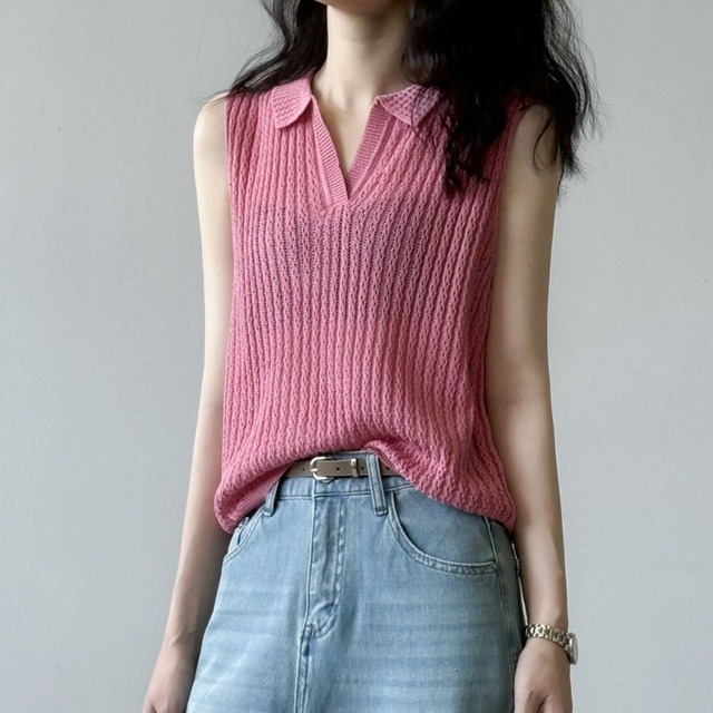 collared v-neck sleeveless knit top L0516
