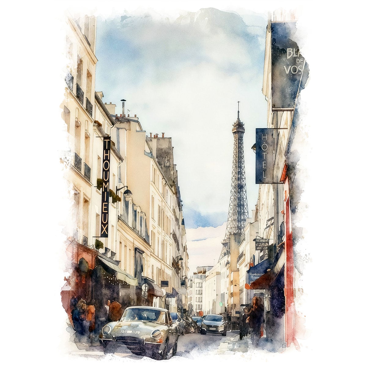 絵画 風景画(街並み) フランス パリ サン・ドミニク通りとエッフェル塔 インテリアアート額付き 水彩画・油絵調 WAT0699