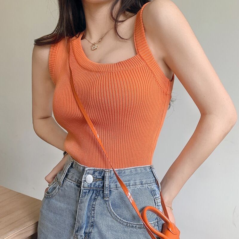 ニットサマースリム薄手ソリッド カラーノースリーブトップス 夏物 ソリッドカラー ハンチェンe63645216543