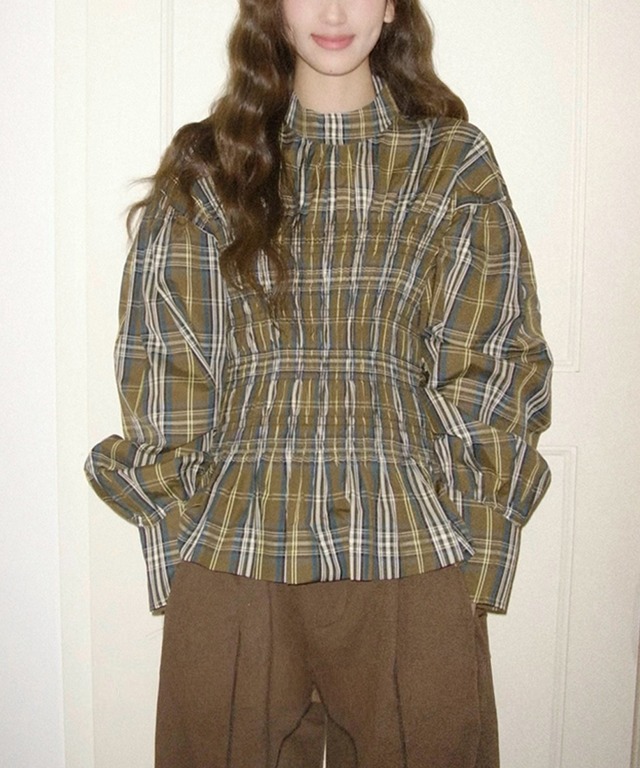 パフスリーブ◆チェックブラウス【t-10420】