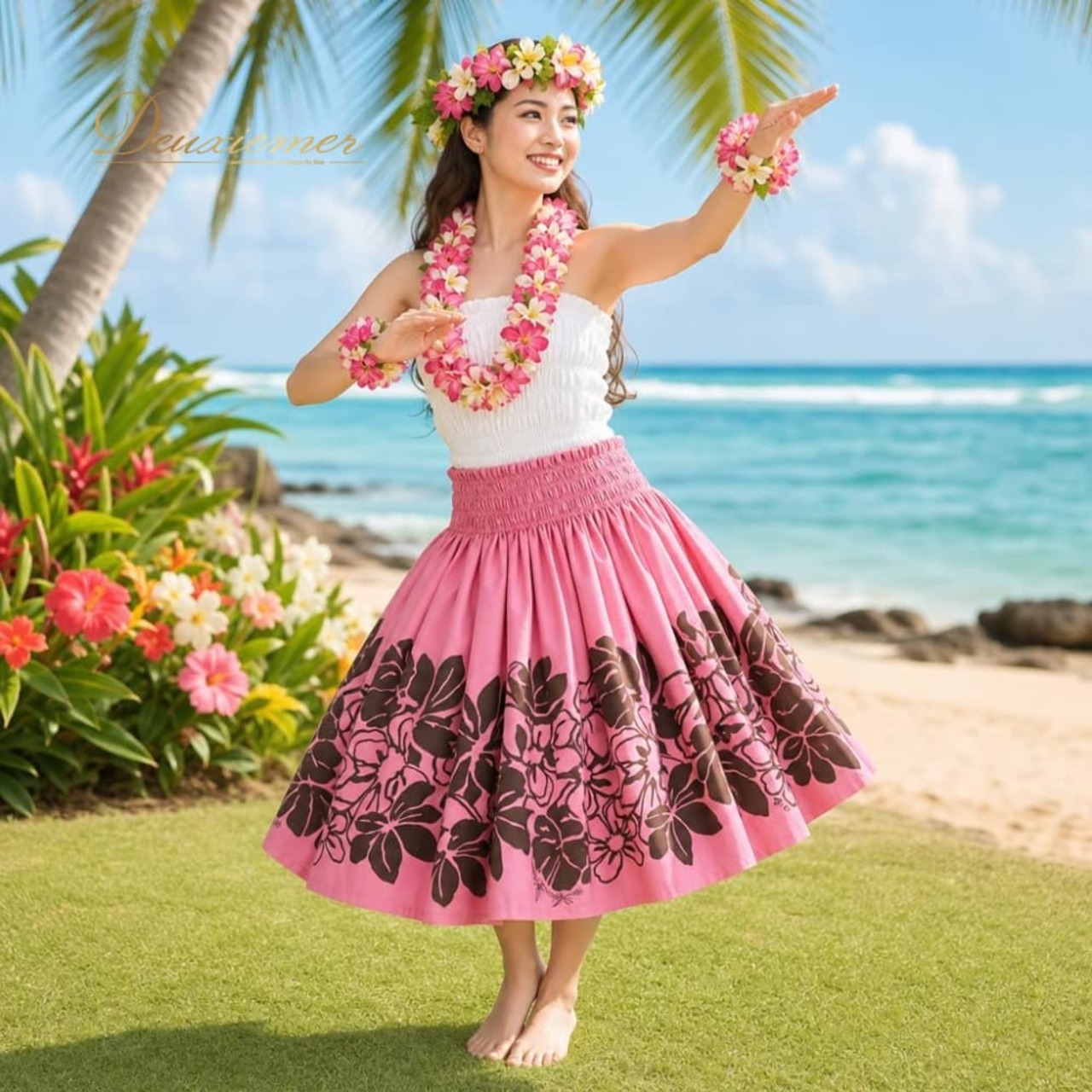 フラダンス 衣装 TAHITI IMPORTS タヒチインポーツ Muu Muu Mama パウスカート フラダンス ピンク系 花柄 植物柄 モンステラ柄 ハワイアンプリント ハワイアン アロハ フラ ダンス レッスン 練習 ハワイアンダンス ブラウン系 ピンク 茶 シングル スカート 華やか 鮮やか かわいい おしゃれ
