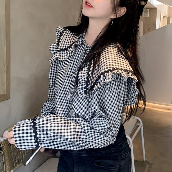 2色／ピーターパンカラーのリックラックポイントブラウス ・18815 