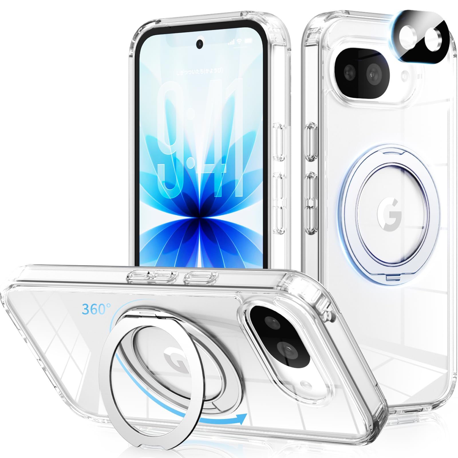 【多機能360°回転スタンド・レンズフィルム付き】Google Pixel 9a 用 ケース クリアスマホ MagSafe対応 ワイヤレス充電可 グーグル ピクセル 9a ケース縦横両用 米軍規格耐衝撃準拠 マグネット内蔵 リング付き 高透過 黄ばみ防止ぐーくるぴくせる9a