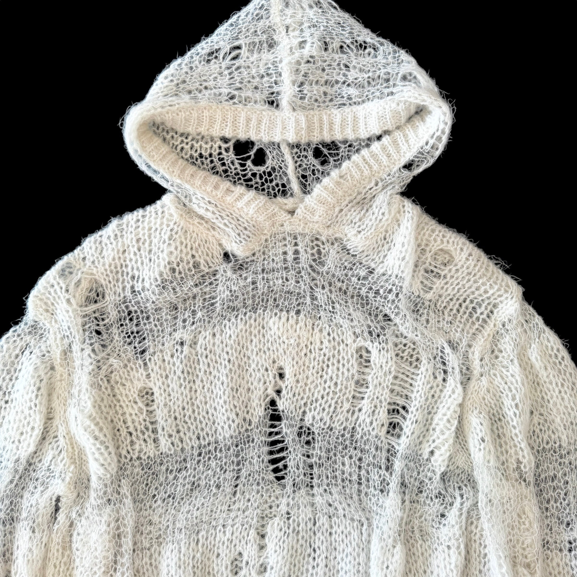 ダメージニットフーディー　WHITE