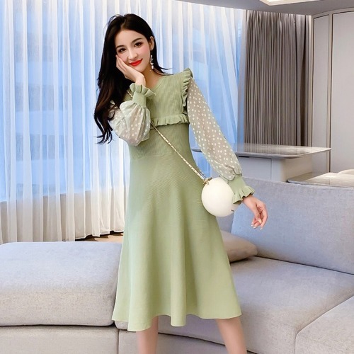 ワンピース ニットワンピース ニット ひざ下丈 ラウンドネック 長袖 バルーンスリーブ レトロ Aライン かわいい カジュアル ガーリー お呼ばれ デート 秋冬 レディース　BADB0148