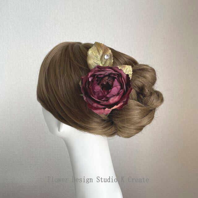 ボルドーのキャべッジローズの髪飾り　1本　 ボルドー　薔薇　バラ　髪飾り　ダンス髪飾り　フローレス　フラメンコ