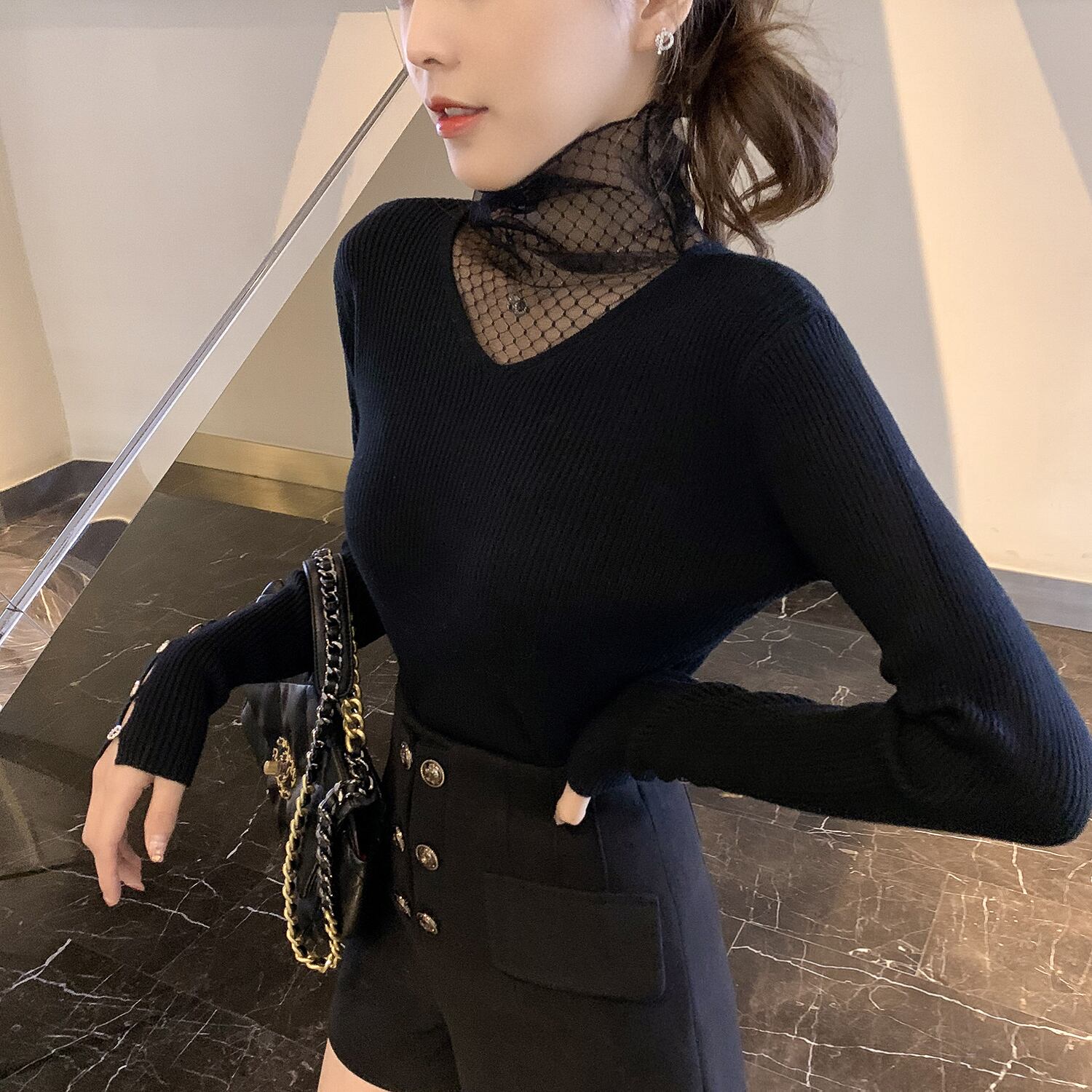 オータムウィンタースタンダードレースセーター レディースブラック薄手ニット レトロ 秋物 冬物 ステッチ 6Du_Shop_Women42272859550