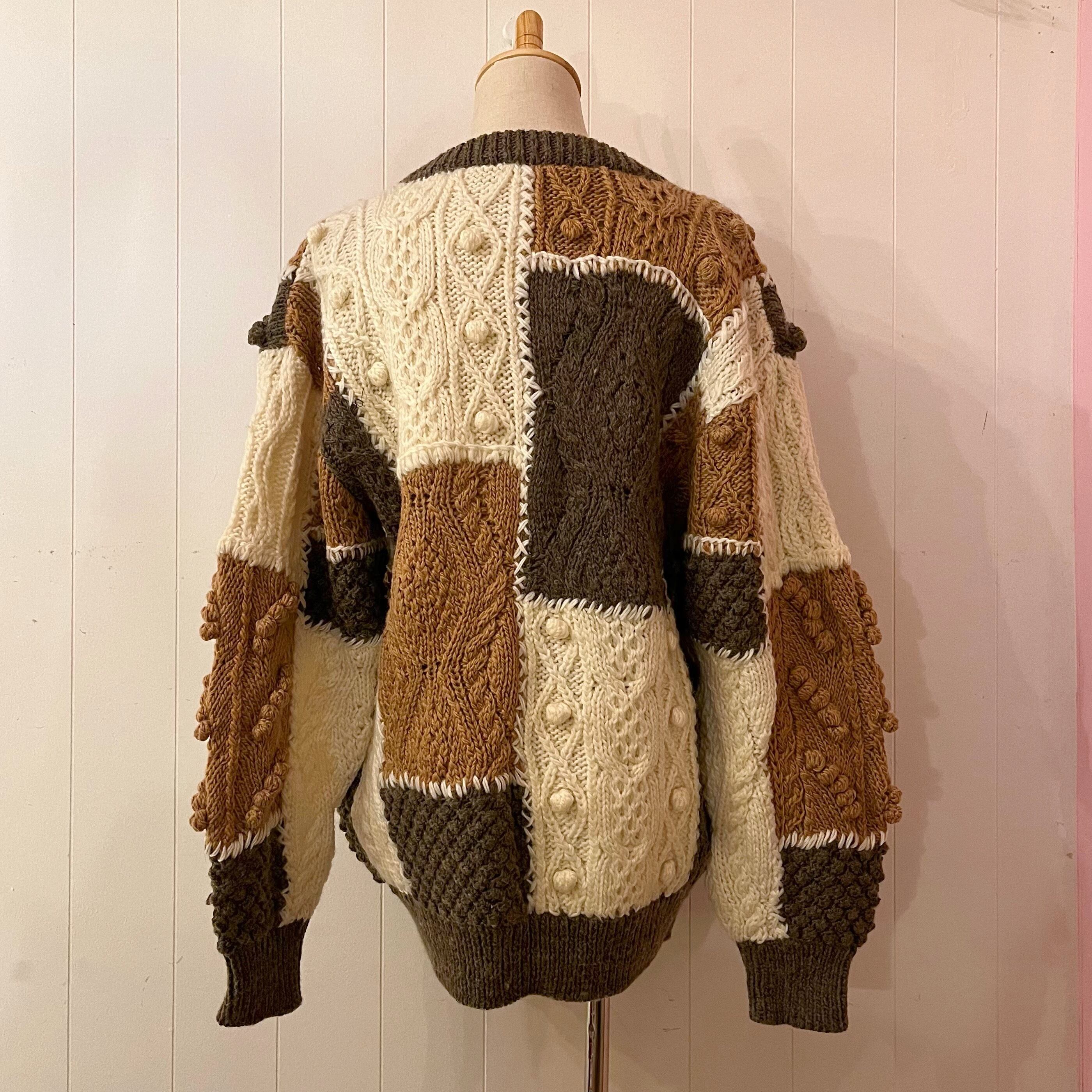 patchwork ponpon knit cardigan