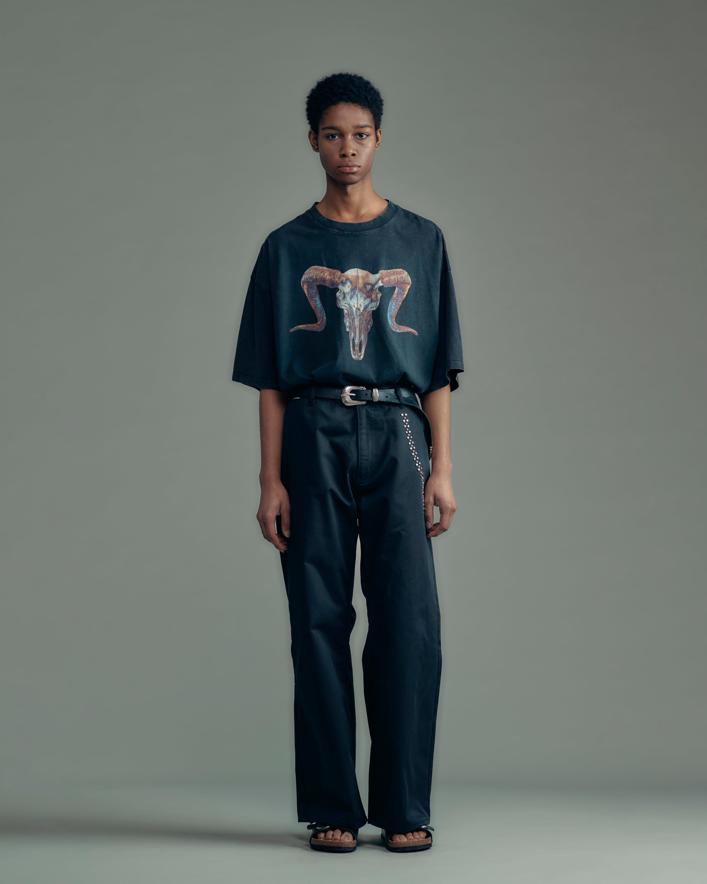 ADAM PATEK studded T/C twill flare wide trouser (BLK) AP2618018