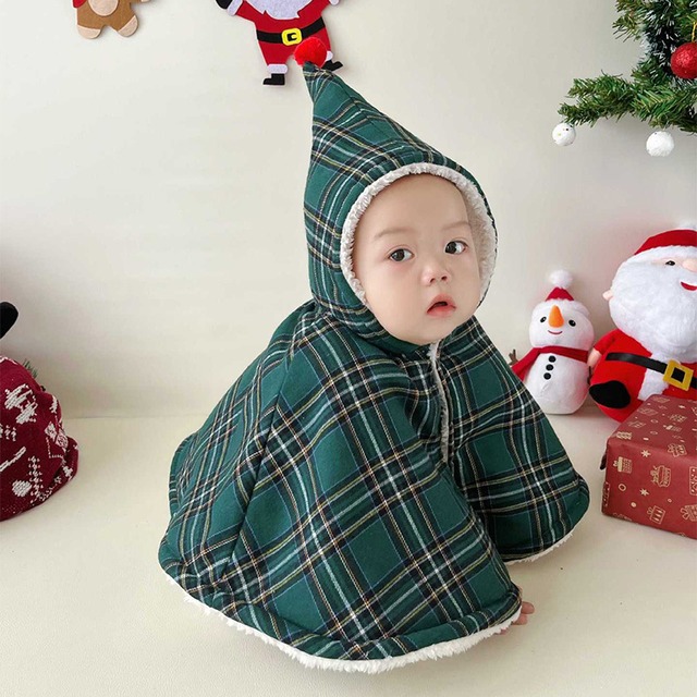 【BABY&KID】クリスマスチェック柄フード付きマント