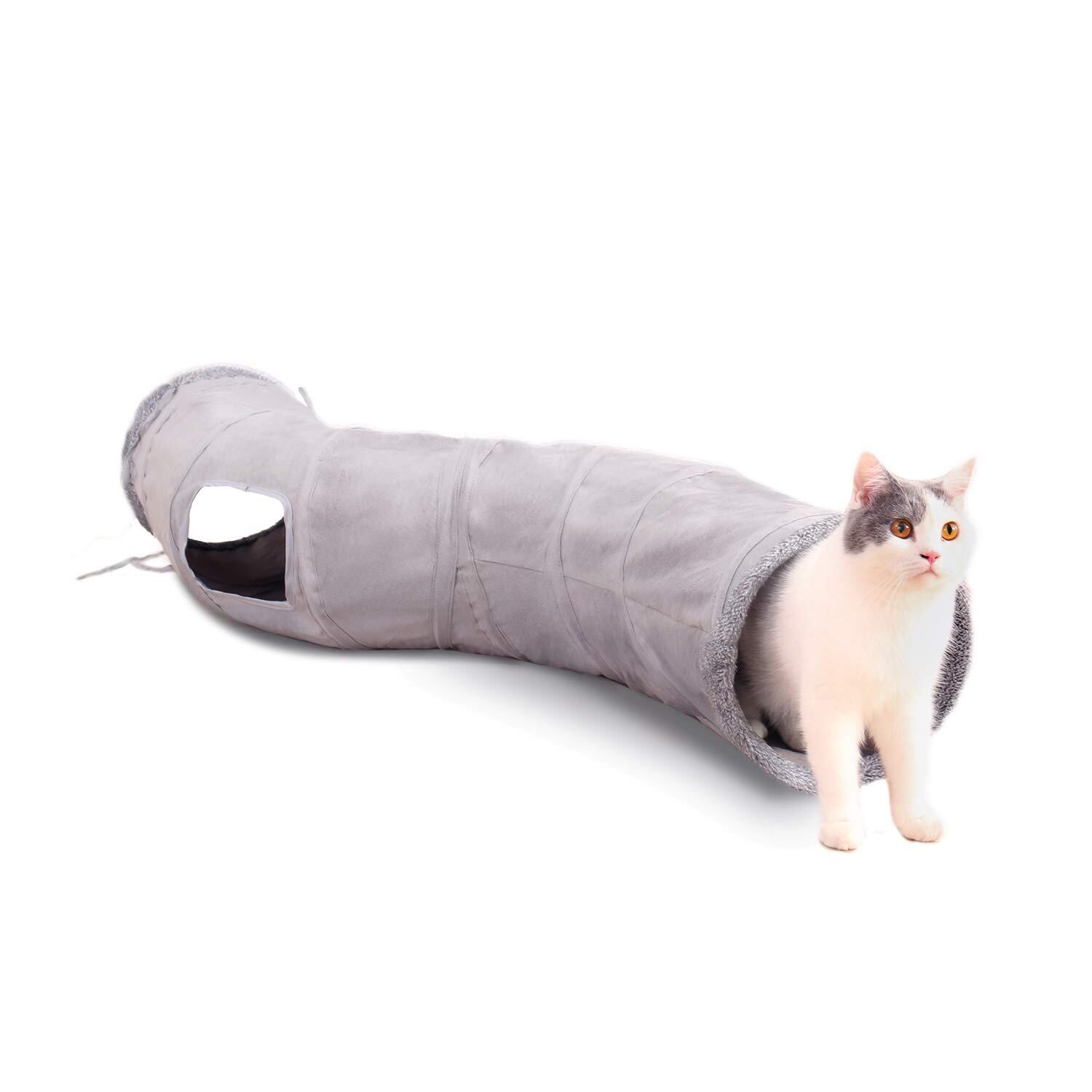 PAWZ Road 猫 トンネル キャットトンネル おもちゃ スエード製 ウサギ 小動物 頑丈 丈夫 玩具 一人遊び 運動不足解消 人気 キャットトイ ペット玩具 猫遊び ペット用品 - グレー S字型