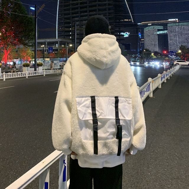 【予約販売】ボアブルゾン メンズ バックデザイン パーカー バイカラー フード付 モノトーン ショート丈 ビッグシルエット オーバーサイズ グレー ブラック ホワイト コート ジャケット 防寒 お洒落 こなれ感 ベーシック 秋冬 大きいサイズ M/L/XL/2XL