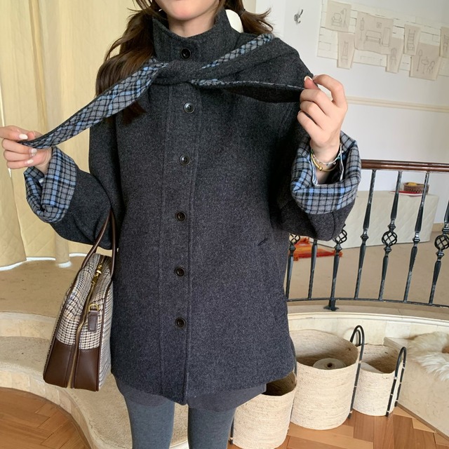 stand-collar plaid hoodie coat　2litr05927