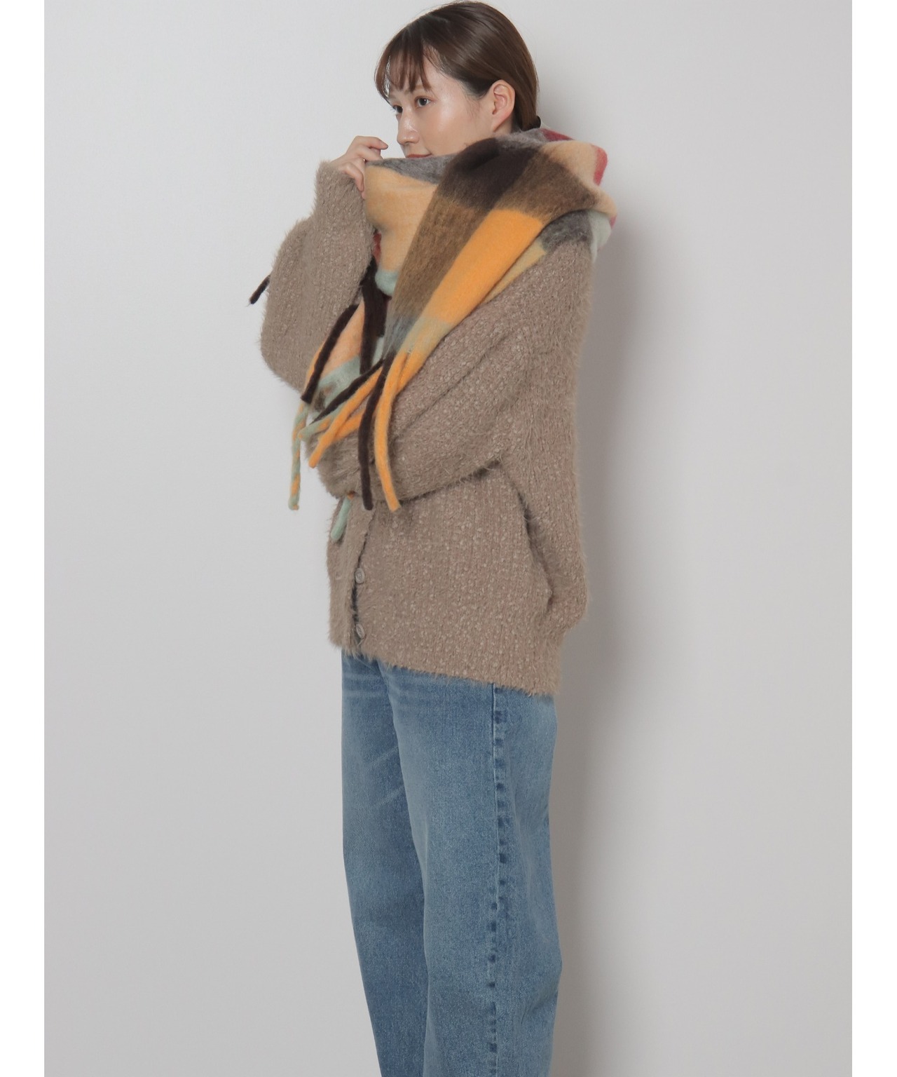 OI210503 マルチカラーチェック柄フラッフィーストール brown