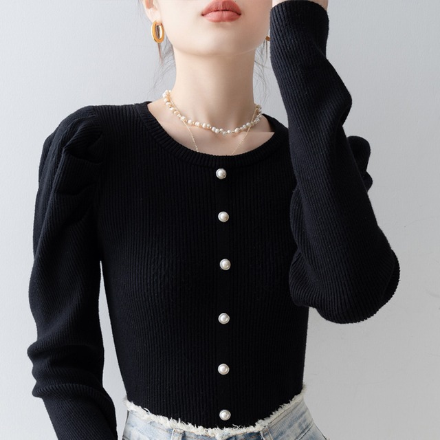 パールボタン パフスリーブ カーディガン ブラック 250533
