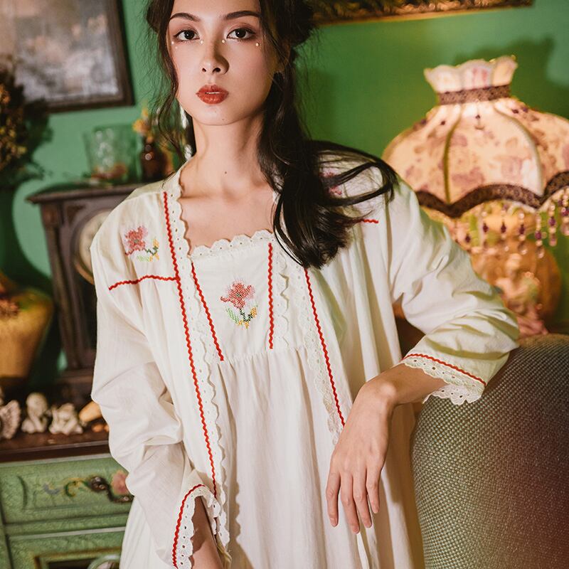 部屋着 レディース ルームウェア チャイナドレス 女性用 寝巻き ゆったり レトロ ワンピース パジャマ ナイトウェア 中華服 2点セット S M L ホワイト 白い 刺繍入り Elegant