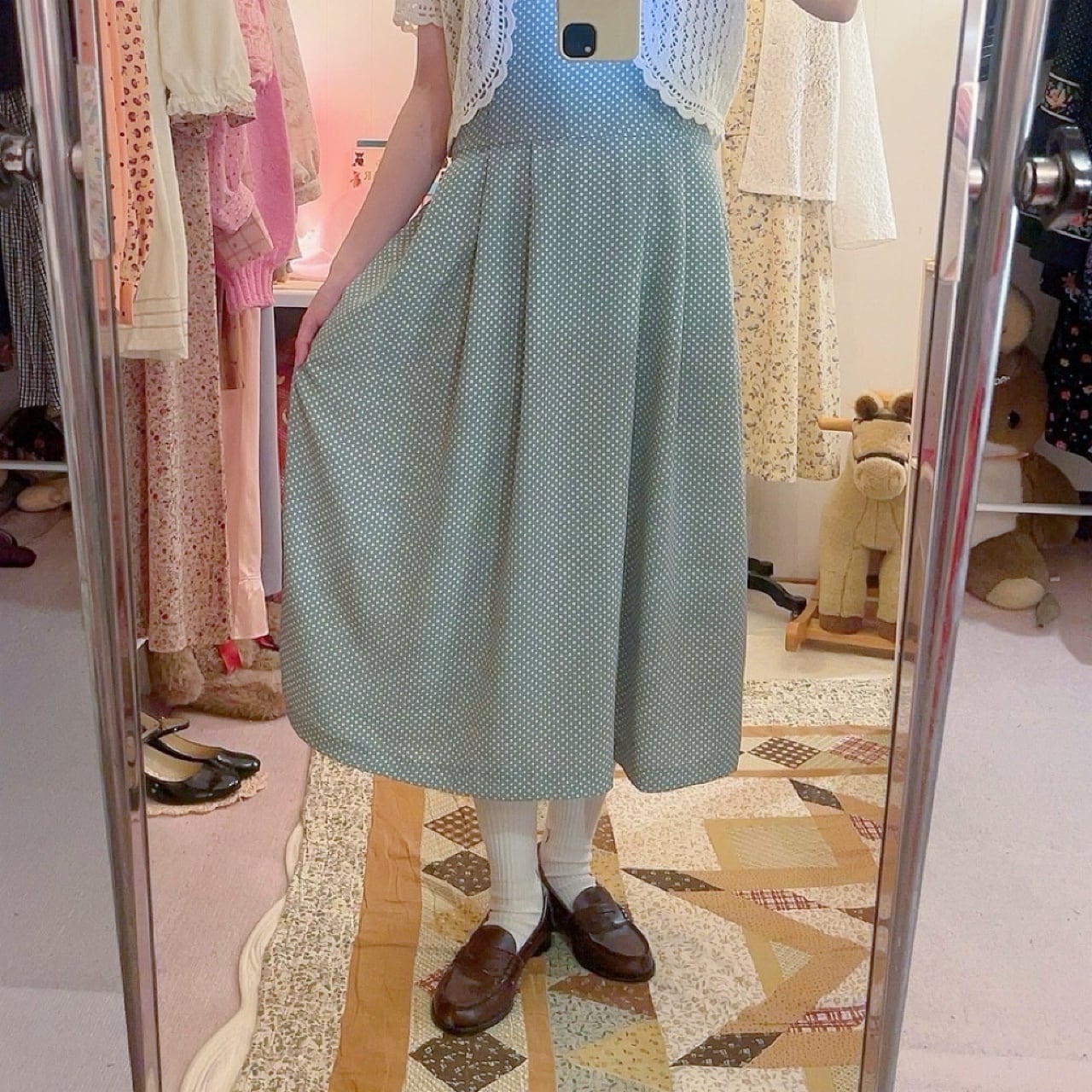 lace collar light green dot one-piece