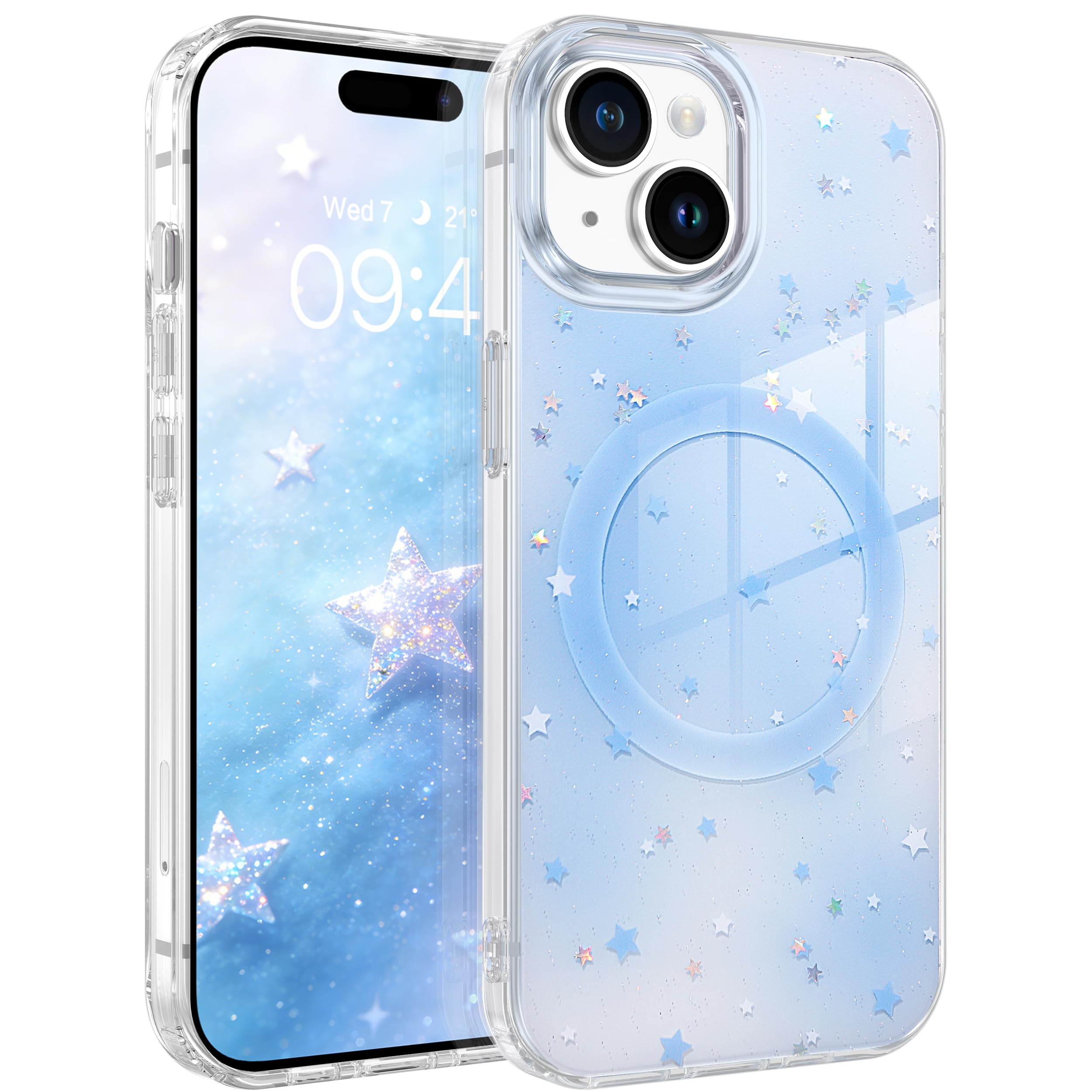 YINLAI iPhone 15 対応 ケース 第15世代 カバー マグネット ブルー 水色 ストラップホール付き