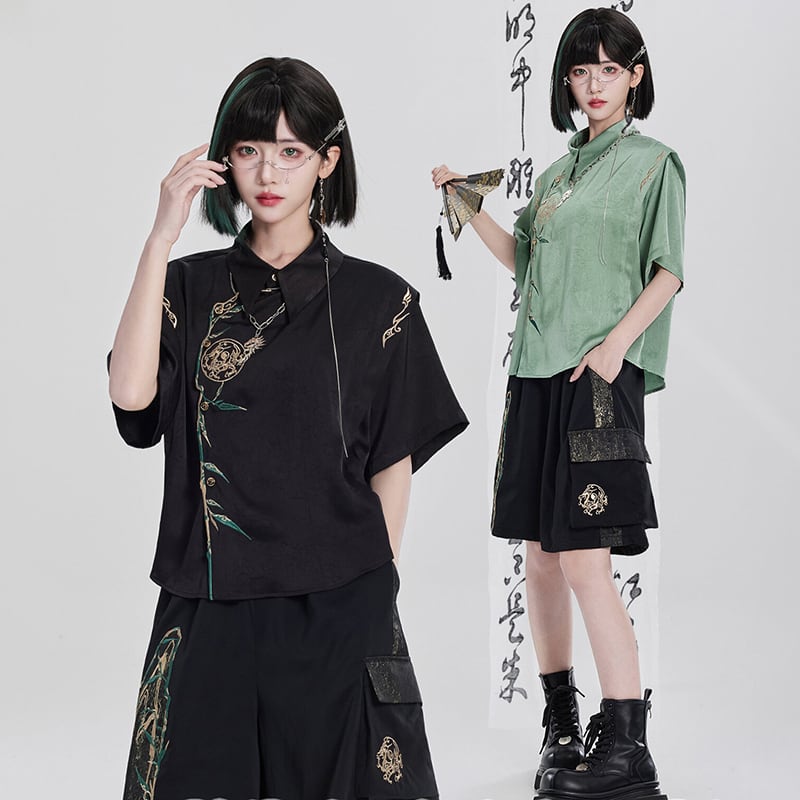 卿棠---金烏シリーズ】☆チャイナ風トップス☆ 2color 刺繍入り シャツ