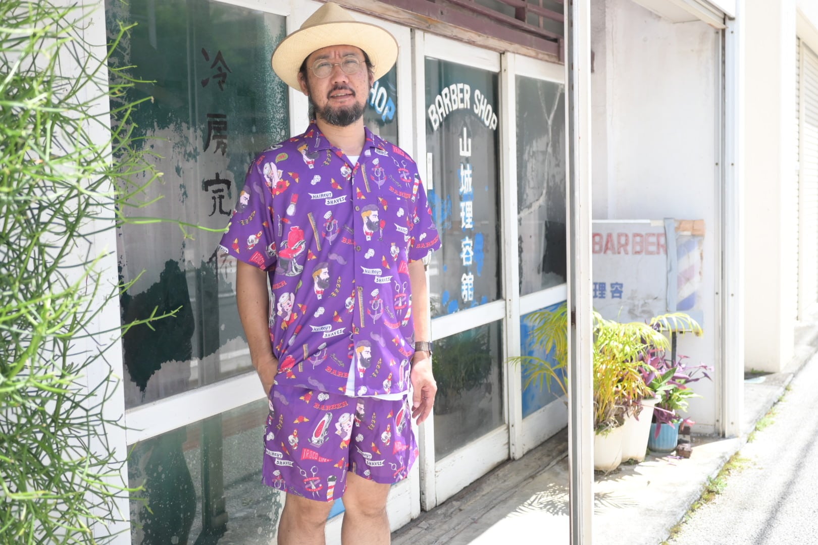 南国BARBER柄のアロハシャツ【ロイヤルパープル】 | 沖縄のセレクト