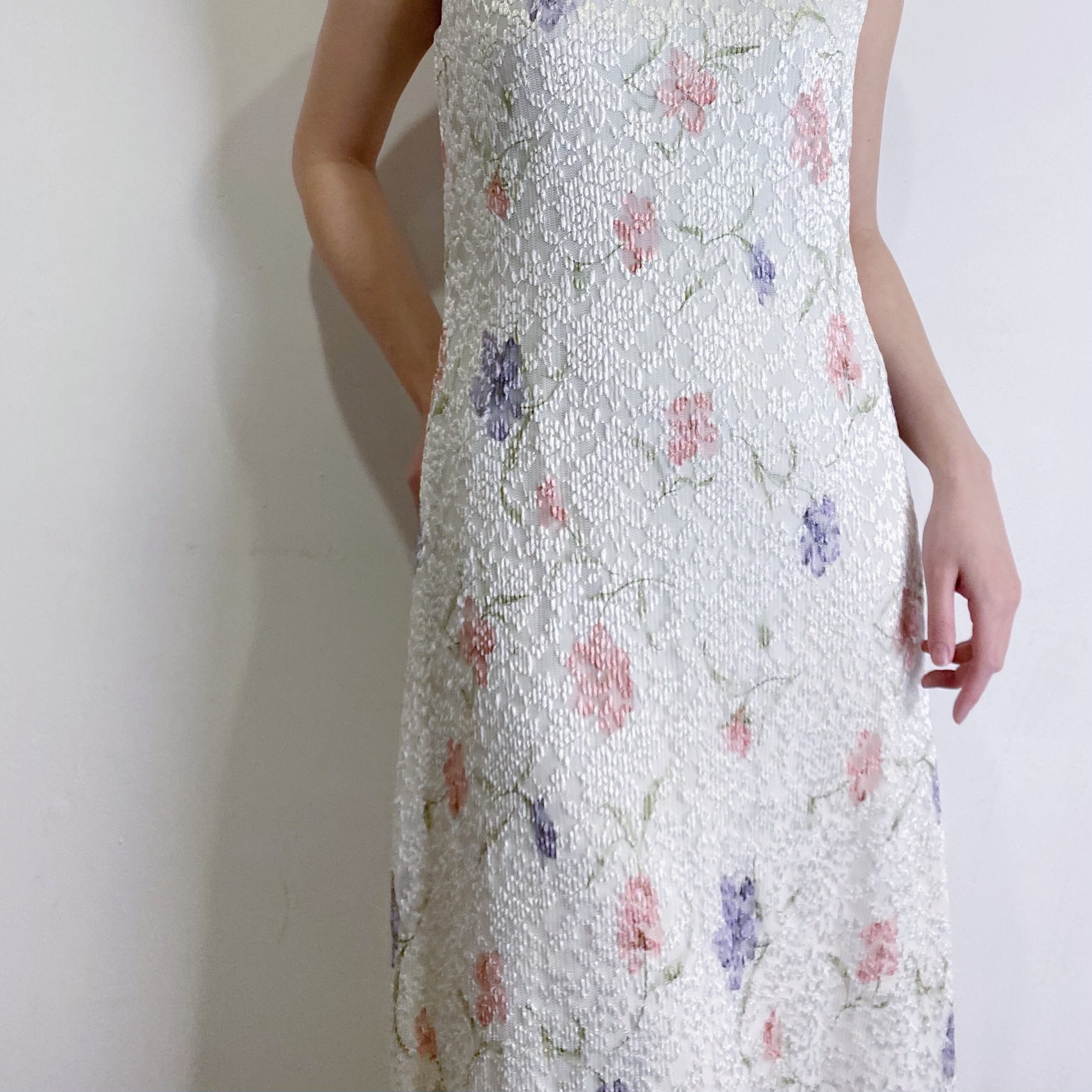 White lace flower sleeveless long dress LEMON