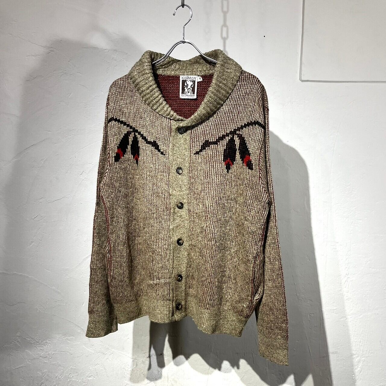 80s KARMAN Shawl Collar Knit Cardigan "Indian Pattern"
