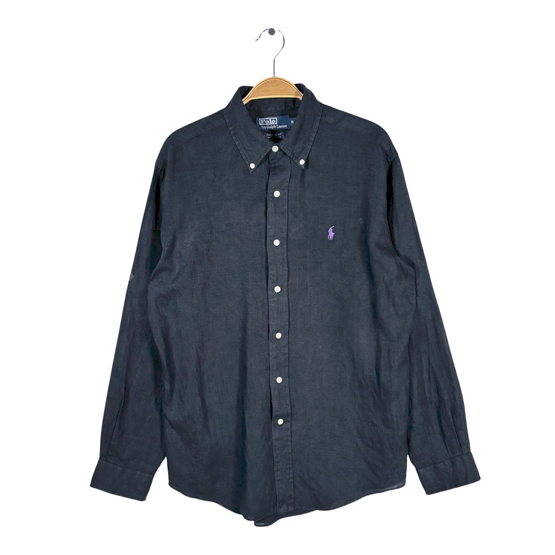 90s ラルフローレン リネン ボタンダウンシャツ ブラック カスタムフィット 長袖シャツ POLO RALPH LAUREN サイズM CA1567