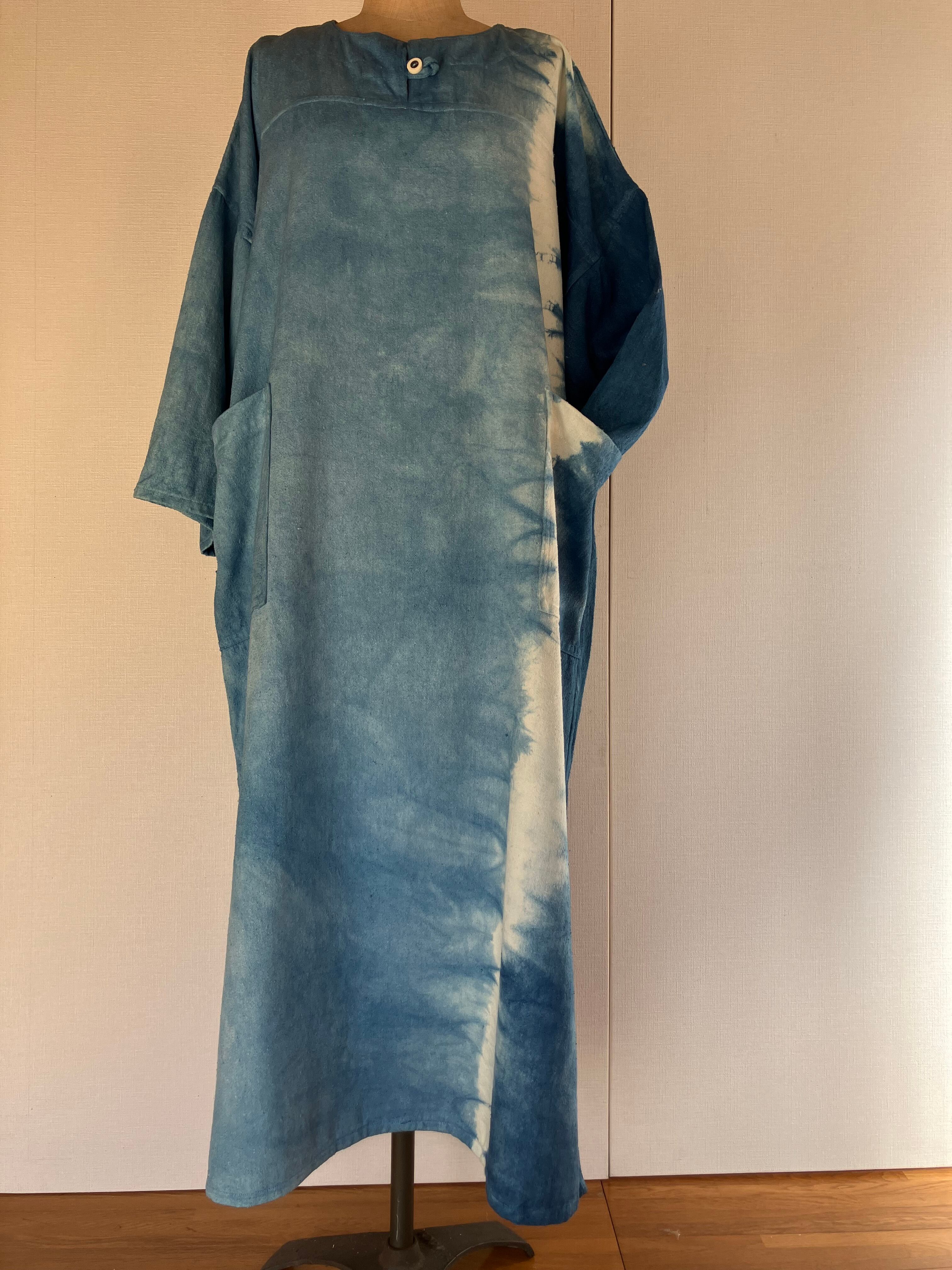 藍ムラ染めシルクチュニックワンピース Freeサイズ 藍染シルク