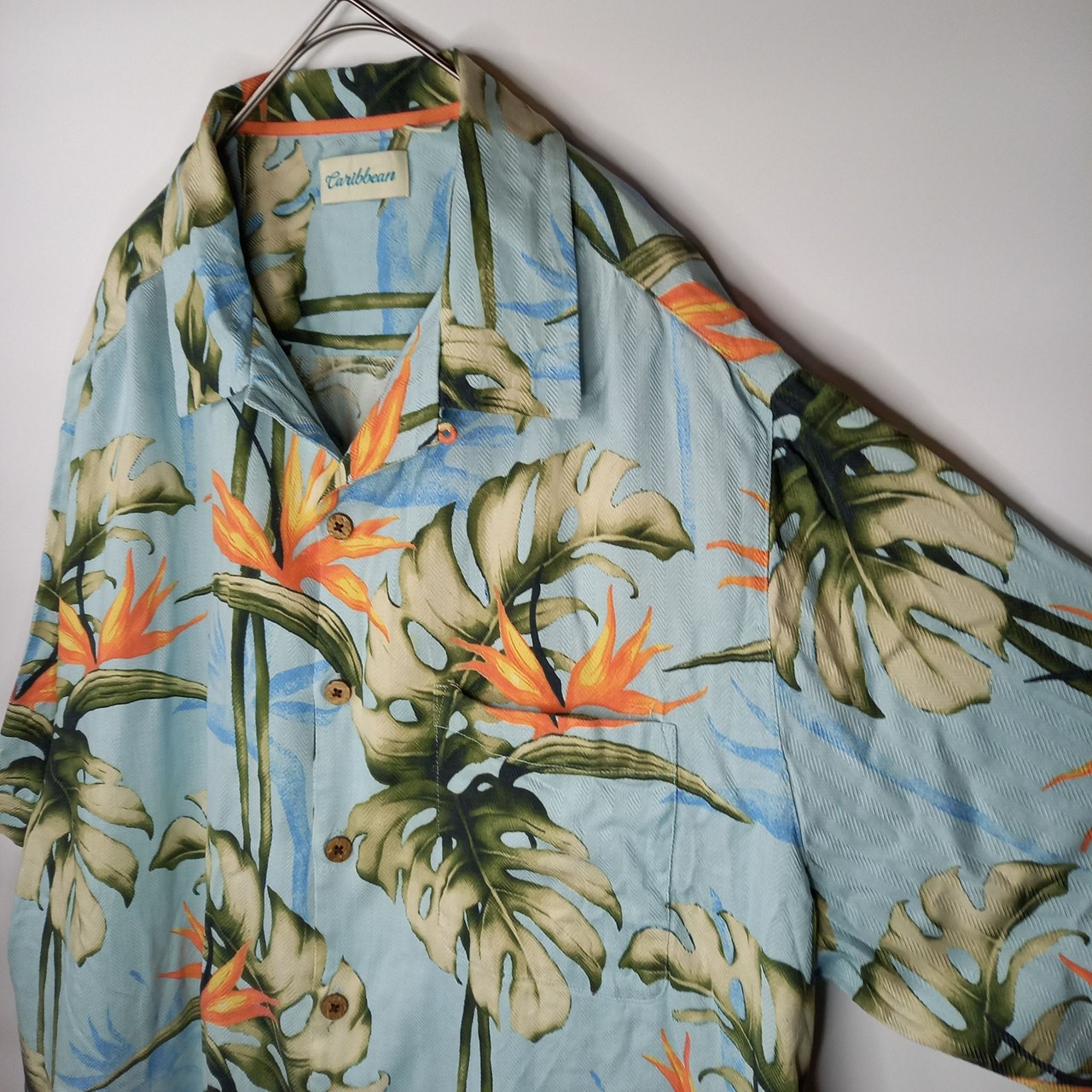 Caribbean　シルク　アロハシャツ　開襟　オーバーサイズ　半袖　ポケット