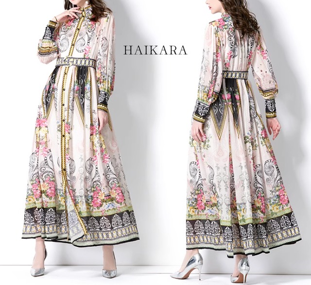Thin fabric ethnic pattern elegant long dress（即納品）