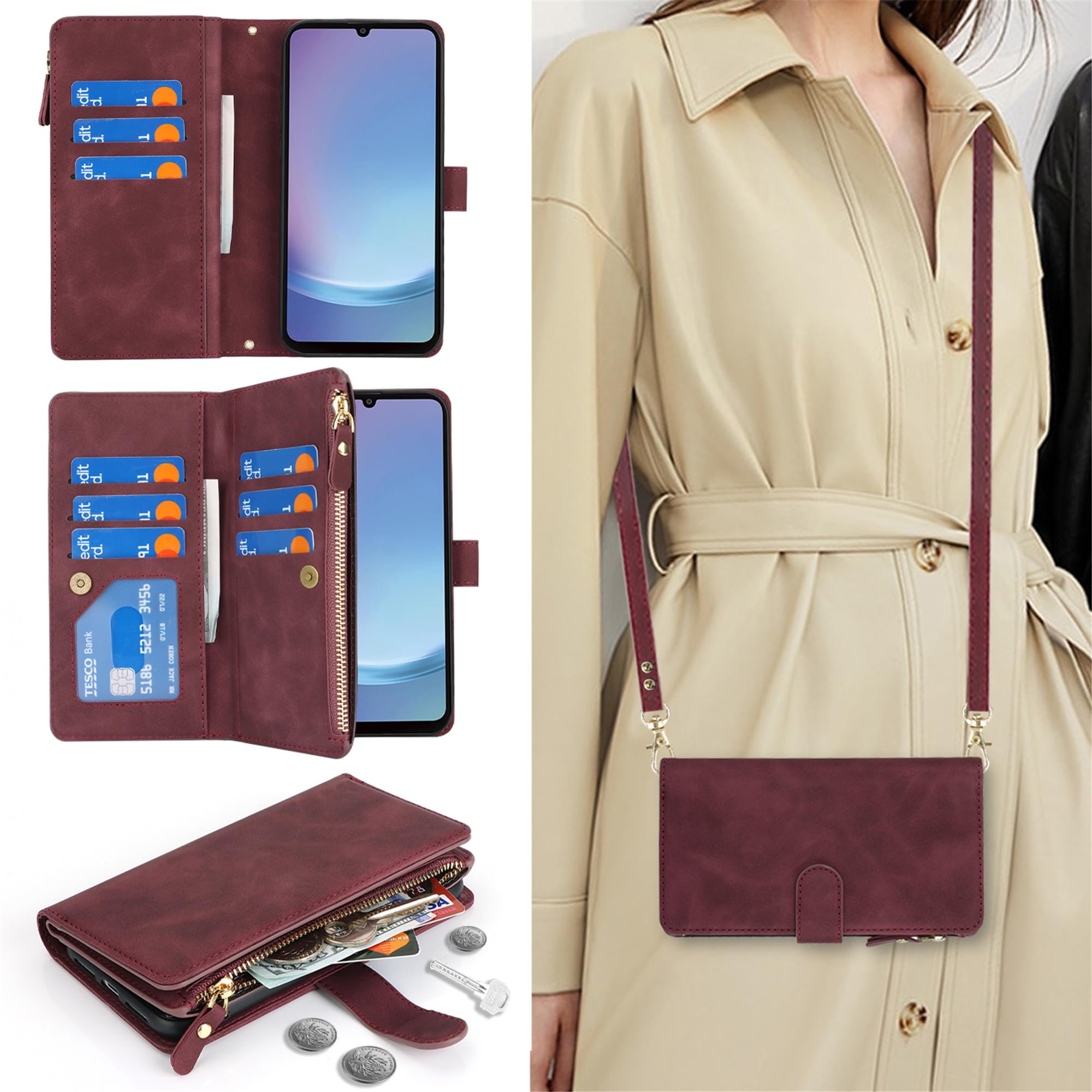Galaxy A25 5G ケース サムスンGalaxy A25 5G 手帳型 ギャラクシーA25 5G カバー GalaxyA25 5G SC-53F 手帳ケース A25 Galaxy 5G SCG33 スマホケース SC53F case zouzt 新しい 長ストラップ付き 肩掛け 革レザー チャック カード収納 小銭入れ スタンド マグネット 落下防止 おしゃれ 6色 ワインレッド