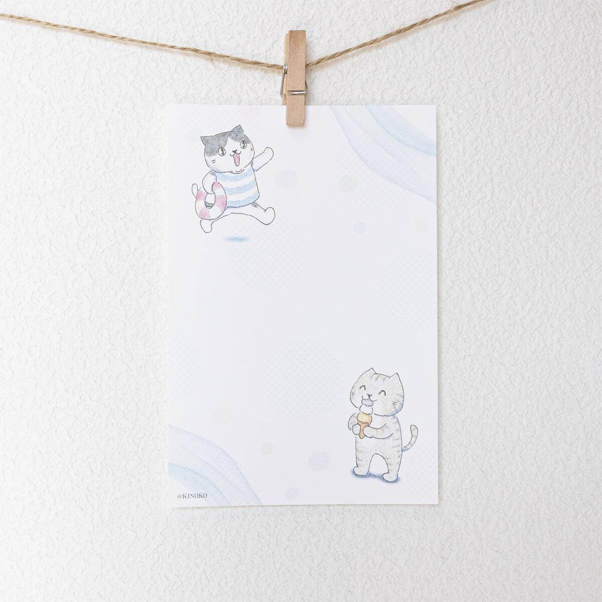 ポストカード なつやすみ / グッズ 夏 海 アイス ねこ 水彩 イラスト