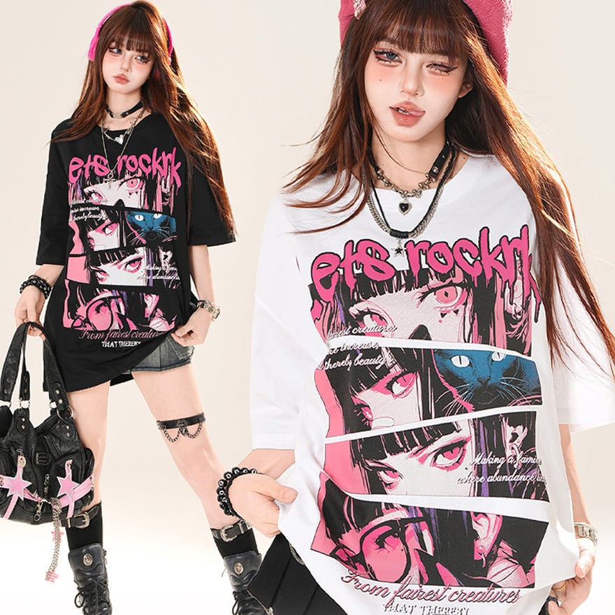 ネオン瞳の逃走劇 猫少女グラフィックバックロゴY2Kストリート系ビッグTシャツ