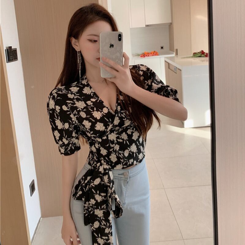 スタイルスタンダードフローラルVネックスリーブシャツ トップス レディース レトロ 花柄 ハンチェンe29242720186