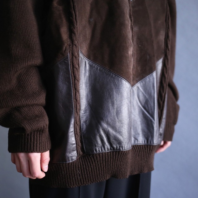 real leather switching and 3D cable knit design loose silhouette sweater