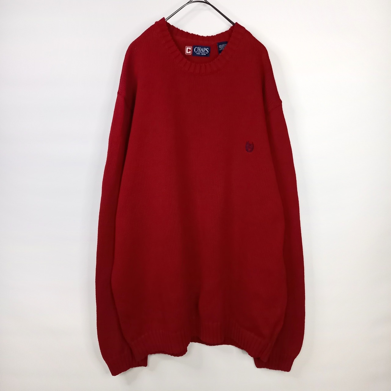 チャップス　クルーネック　コットンニット　セーター　無地　刺繍ロゴ　厚手　オーバーサイズ　レッド　XL