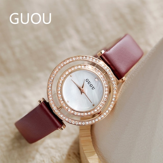 GUOU 腕時計 レディース 腕時計 ウォッチ アクセサリー かわいい おしゃれ ゴールド ブレスレット 円形 丸 回転6039