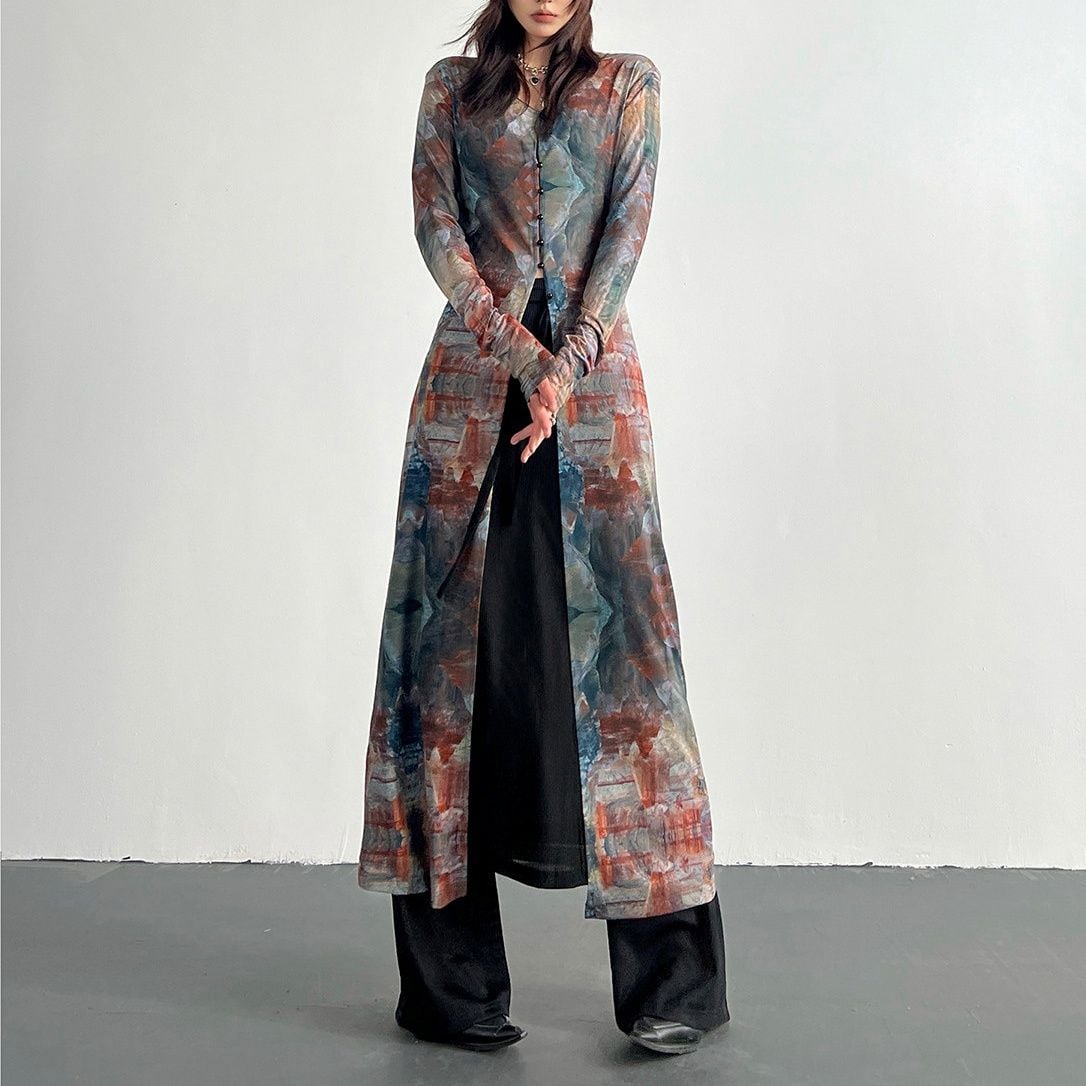 PAINT SPLASH PRINT LONG FITTED SHEER DRESS M-17731