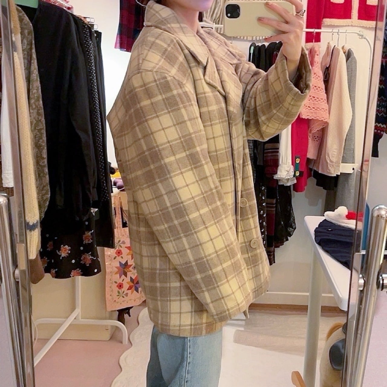 cream check big pea coat