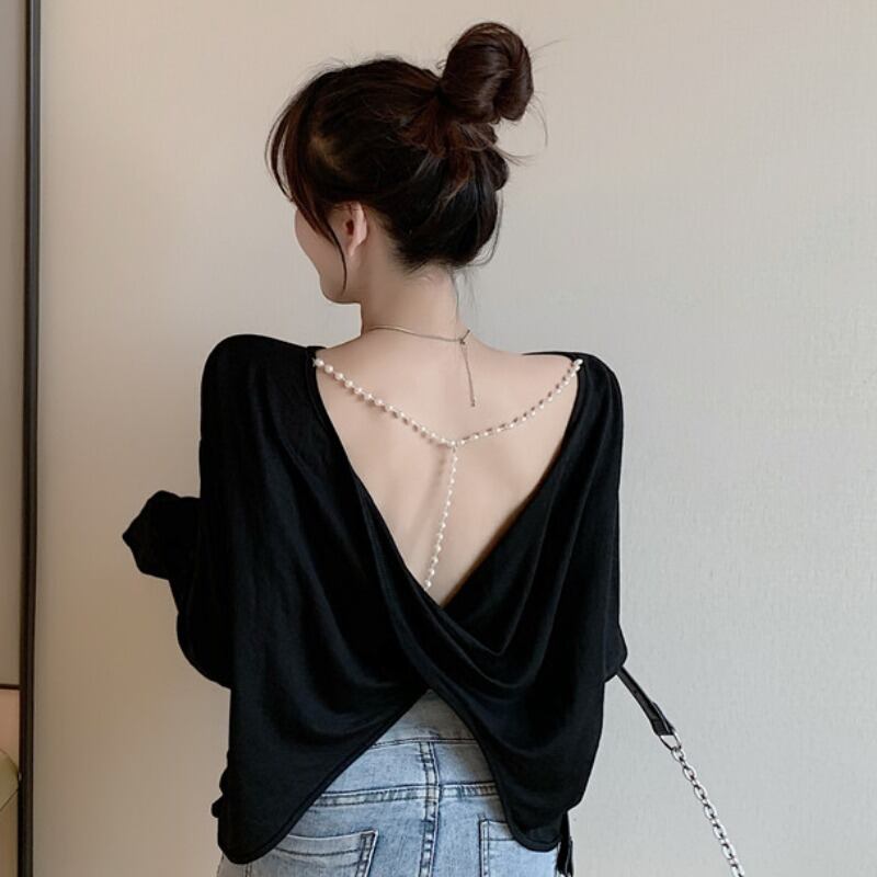 スプリングカジュアルルーズ薄手スタイルホルターパール長袖スリーブTシャツ トップス レディース ロング 春物 真珠 YY-ファッション69342819621