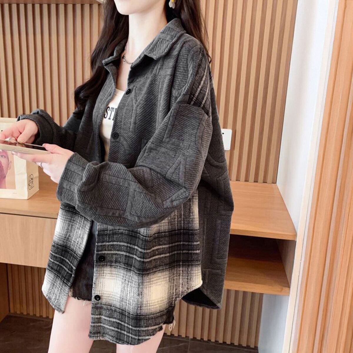 チェック柄 スウェット ジャケット レディース 秋冬 韓国 アウター 大人 カジュアル おしゃれ アメカジ ゆったり オーバーサイズ 体型カバー 羽織り トップス シャツジャケット 大人可愛い 大人女子