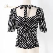 社交ダンス 衣装 トップス ブラウス ブラック系 チャコットロイヤルダンス Chacott ROYAL DANCE 日本製 黒 白 ドット柄 水玉 練習 レッスン 伸縮 ストレッチ かわいい ダンス衣装 イベント ステージ リボン ホワイト系