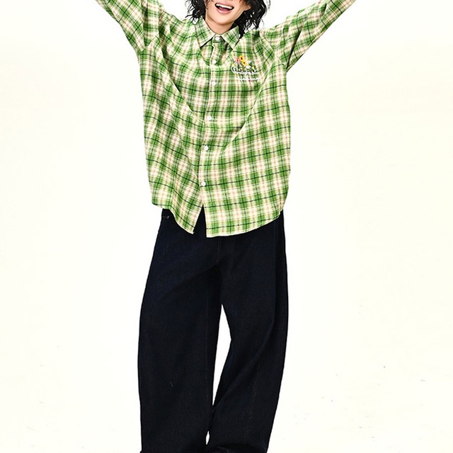 ボタニカルモチーフデザインチェックシャツ 2col   R01081